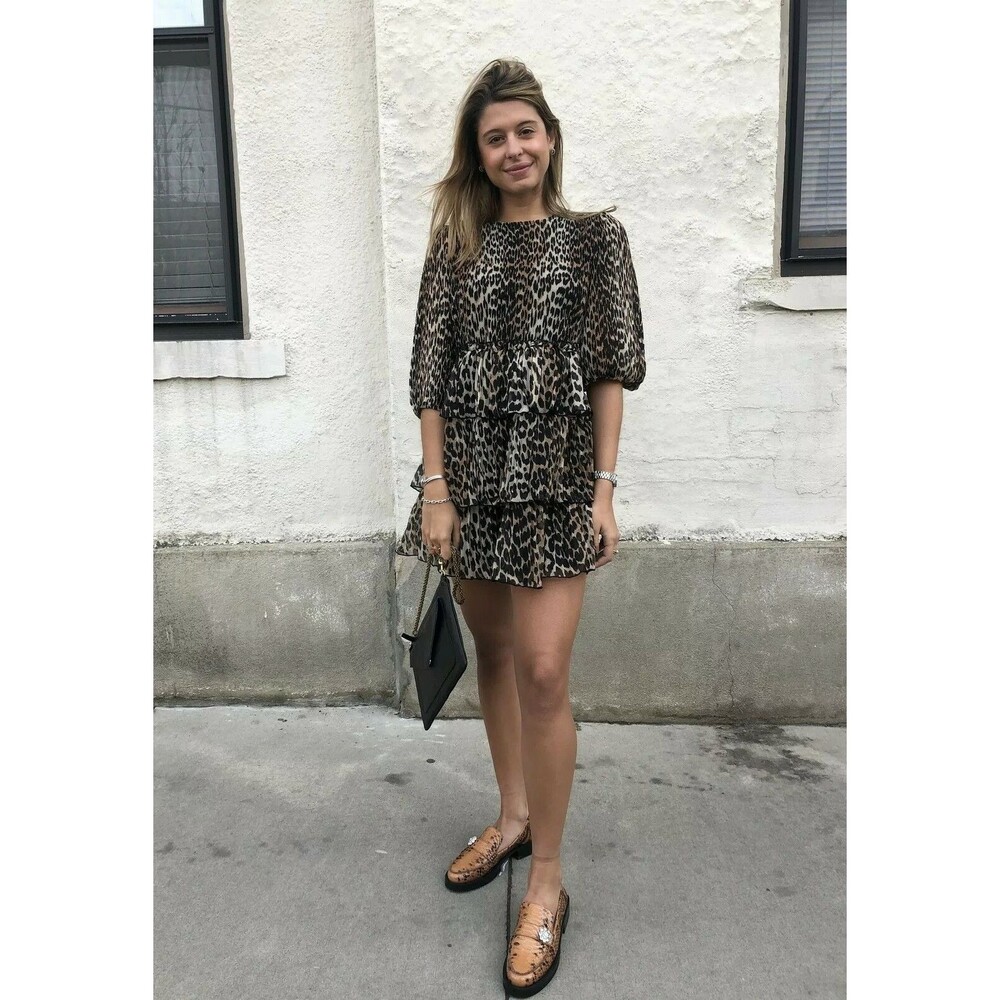 NWT Ganni Leopard Pleated Georgette Tiered Ruffle Dress 36(4), 38(6), 40(8) $235 - Picture 8 of 12